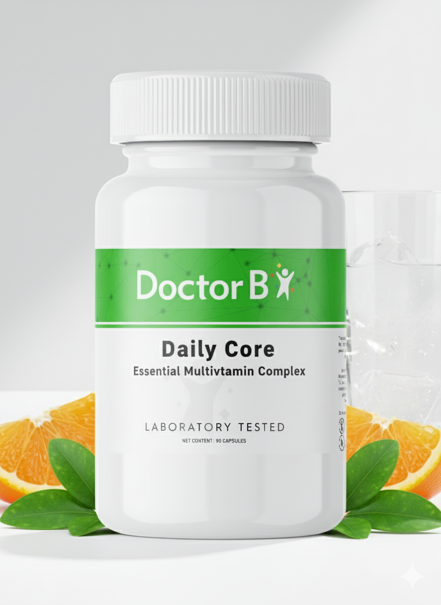 Bottle of Doctor B Daily Core Multivitamin Complex with oranges and leaves on a light gray background
